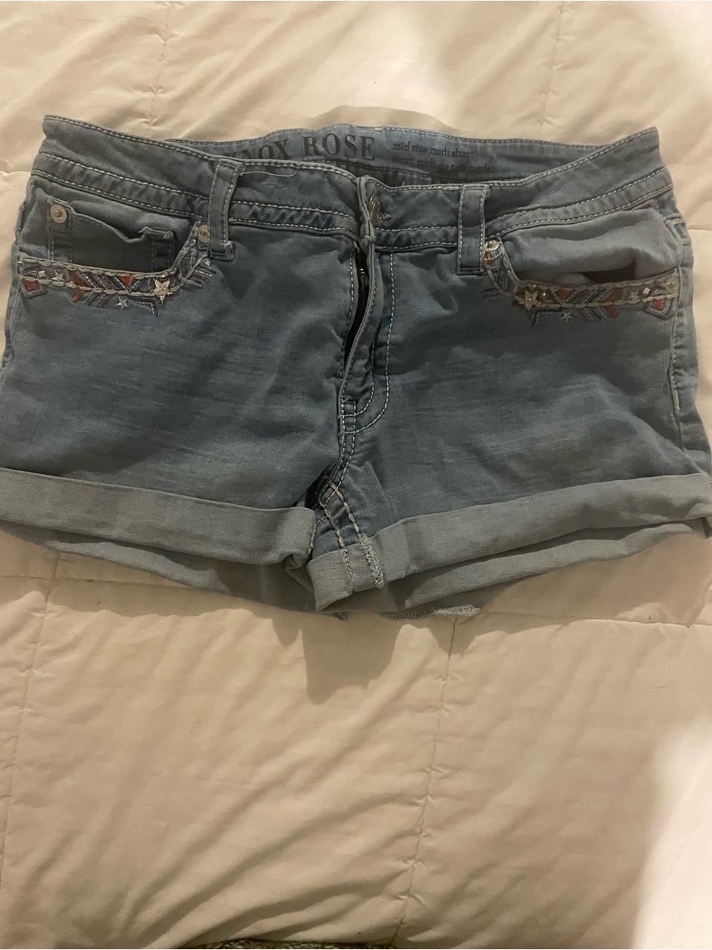 Light Blue Denim Shorts with Embroidered Pockets - Knox Rose